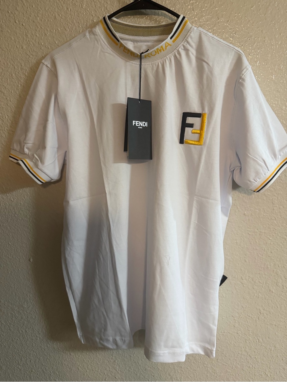 Fendi White T-Shirt with Yellow & Black Logo Embroidery - Picture 2 of 3